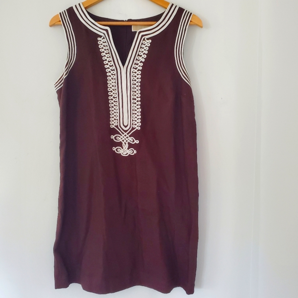 MICHAEL MICHAEL KORS Brown 100% LinenSleeveless Shift Dress Cream Applique 10